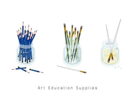 Art Supply, Craft Paintbrush or Artist Brushes and Sharpened Pencils in Glass Jar for Drawn and Paint A Picture Isolated on White Background. Sign for Welcome Back to School.r