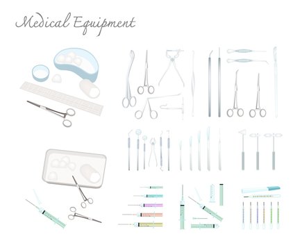 Medical Concept, Illustration Set of Assorted Hypodermic Syringe, Mercury Thermometer, Wound Care Kit, Dentist Tools and Surgical Instruments Isolated on White Background.
