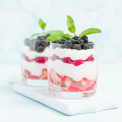Fresh healthy multilayered dessert trifle with raspberries and blackberries on pastel blue background.