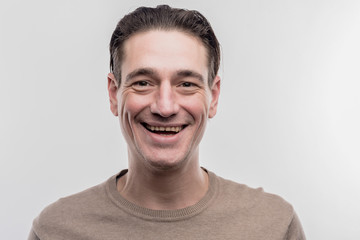 Laughing man. Elderly emotional man with facial wrinkles laughing out loud on image without face...