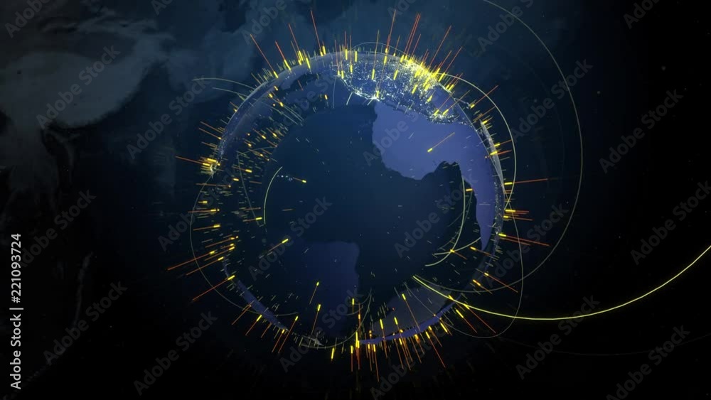 Poster 3d render abstract background with digital globe. informational arcs that goes from center of compos