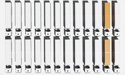 Lined up Container Trucks on White Background in Two Colors 3d rendering