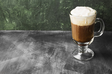 Peach lemonade with thyme on a dark background. Copy space. Food background