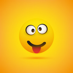 Smiling Emoji with Stuck Out Tongue - Simple Shiny Happy Emoticon on Yellow Background - Vector Design