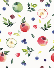Seamless pattern, apples and berries on a white background.