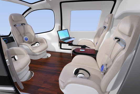 Passenger Drone Interior with front passenger seats turned backward. Headsets on each seats. Laptop PC on small table. 3D rendering image.