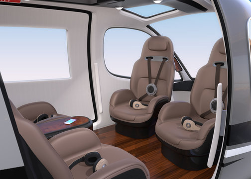 Passenger Drone Interior with front passenger seats turned backward. Headsets on each seats. 3D rendering image.