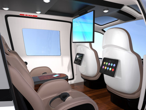 Passenger Drone Interior with front passenger seats turned backward. Headsets on each seats. 3D rendering image.