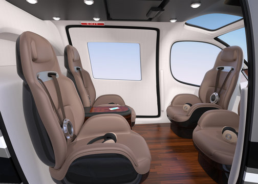 Side view of Passenger Drone Interior. Front passenger seats turned backward. 3D rendering image.