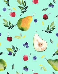  Seamless pattern, pears and berries on a green background.