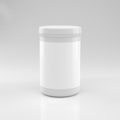 Supplement powder container. 3D Tube made of plastic. Isolated white container for milkshakes, protein, cocktails. Rendered in 3d software.