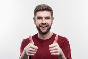 Satisfied man. Image without face retouching with dark-haired bearded man feeling extremely...