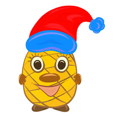 Cheerful pineapple with a children's face in a Christmas hat