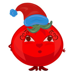 Round ripe tomato with a face in a Christmas hat