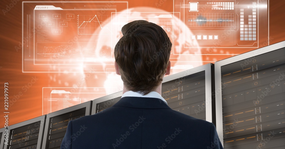 Poster man with computer servers and technology information interface
