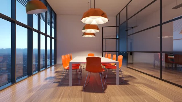 Modern, colorful, corporate conference room in a skyscraper office building. 4K