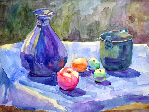 still life art vase apple watercolor painting illustration design