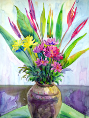 art flowers in vase still life watercolor painting illustration design