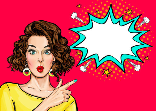 Fototapeta Pop Art Woman surprise showing product .Beautiful girl with curly hair pointing to on bubble . Presenting your product. Expressive facial expressions