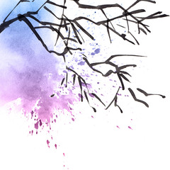 Watercolor tree branch with blue and purple watersplash