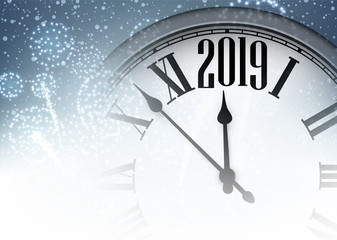 Fototapeta na wymiar Blue shiny 2019 New Year background with clock.