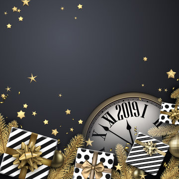 Grey 2019 New Year background with gifts and clock. Top view card.