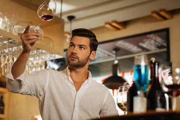 Delicious wine. Handsome nice man looking at the glass with wine while checking its quality