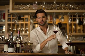 Winery owner. Attractive handsome man looking at you while standing at the counter of his winery