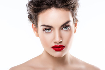 portrait of beautiful young woman with red lips, isolated on white