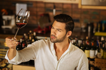 Skilled sommelier. Handsome man squinting his eyes while looking at the glass with wine