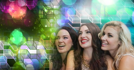 Fun women friends with geometric party lights venue atmosphere