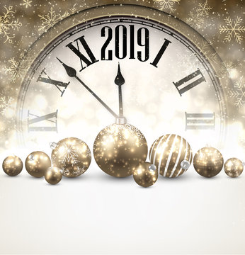 Gold 2019 New Year background with clock.
