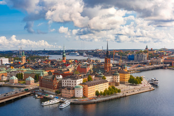 Fototapeta na wymiar Scenic summer aerial panoramic view of Gamla Stan in the Old Town in Stockholm, capital of Sweden