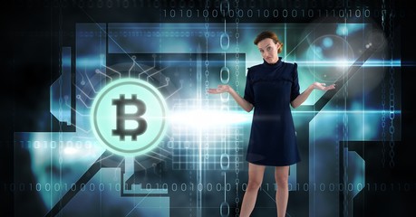 Woman with bitcoin technology information interface