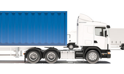 Truck with Blue Container on White Background 3d rendering