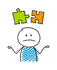 Puzzle (solution) symbol with confused stickman. Vector.