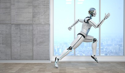 Fototapeta na wymiar A running robot in the business room. 3d illustration.
