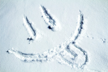 Happy smiley emoticon face in snow, winter season joy and happiness concept