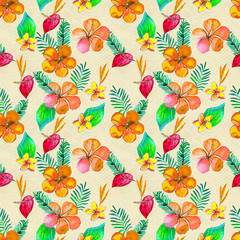 Seamless pattern With Tropical Flowers. Watercolor Background. Floral Hand Painted colorful illustration.