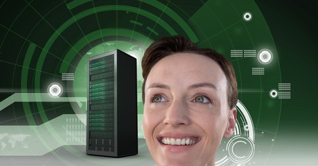 Woman with computer server and technology information interface