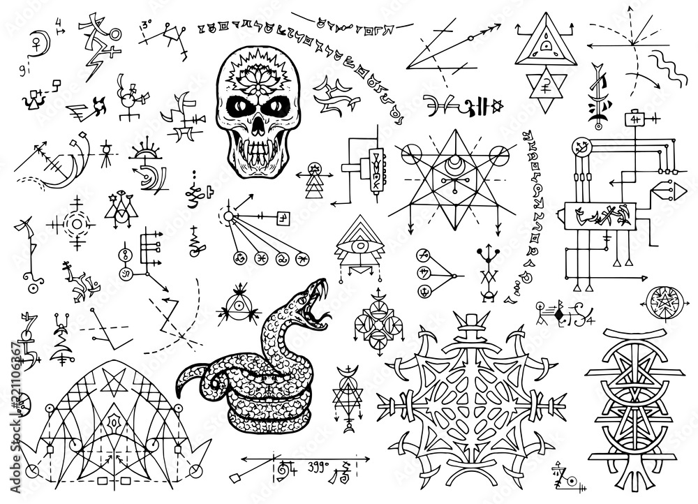 Poster design set with mystical symbols, skull, snake and abstract patterns. esoteric, occult and halloween