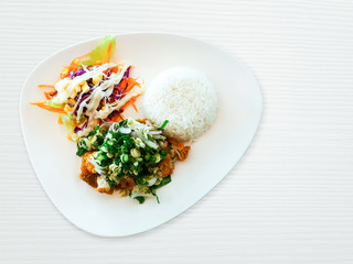 Chicken Soup with Salad and Fresh Salad and Served with Rice. top view.