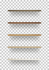 Wooden shelf on transparent background with soft shadow. 3D empty wooden shelves. Vector. © Lifestyle Graphic