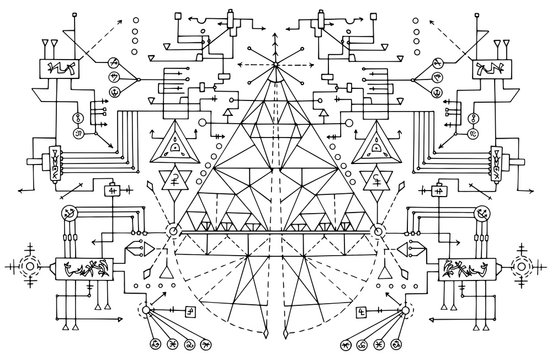 Design background with abstract symbols. Esoteric, occult and Halloween concept with sacred geometry elements, graphic vector illustrations for music album cover, t-shirts