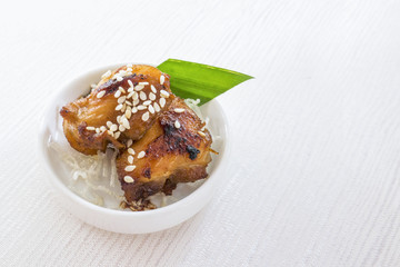 Light meal  with Roasted chicken breast. top view.
