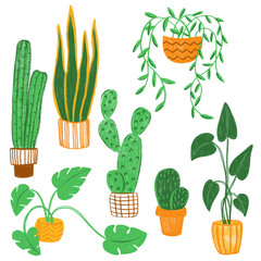 Colored pencils hand-drawn colorful illustration objects with house plants. Warm colors clip art with succulents and other plants in naive childlike style.