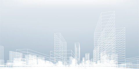 Abstract wireframe city background. Perspective 3D render of building wireframe. Vector.