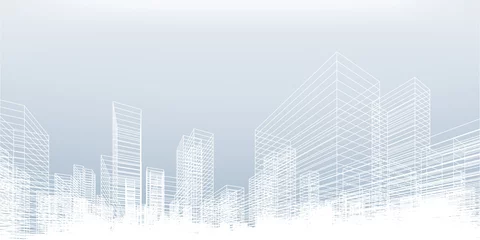Fotobehang Abstract wireframe city background. Perspective 3D render of building wireframe. Vector. © Lifestyle Graphic