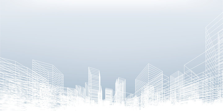 Abstract wireframe city background. Perspective 3D render of building wireframe. Vector.