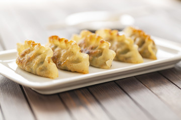 Pan Fried Dumpling, with sauce. Asian food. 